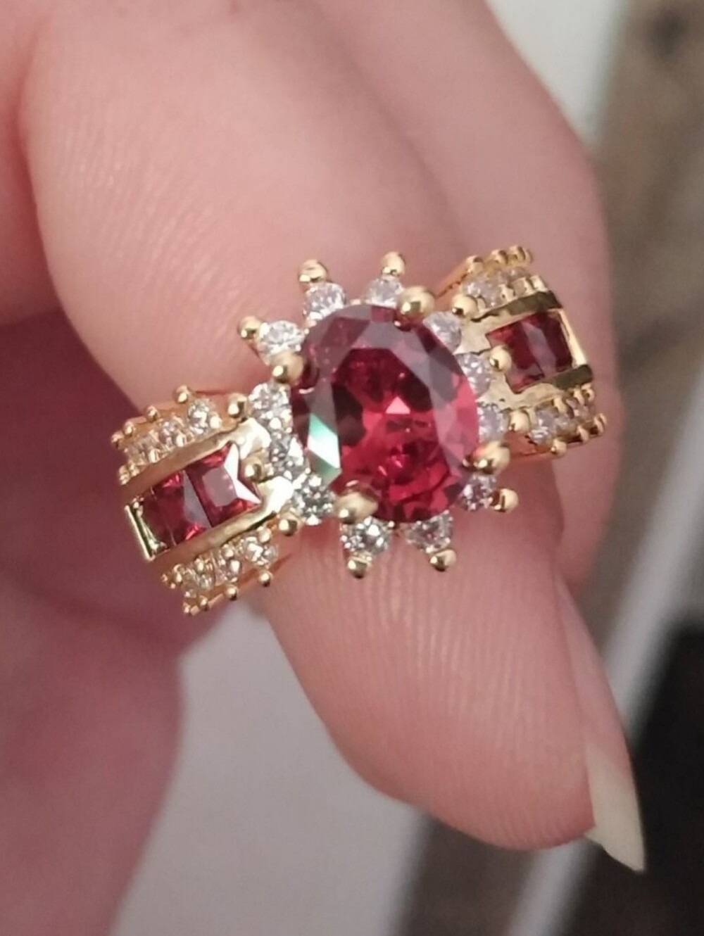 Estate 18k Gold Over Sterling Silver Fancy Ruby + Topaz Cluster Accent Ring sz 8